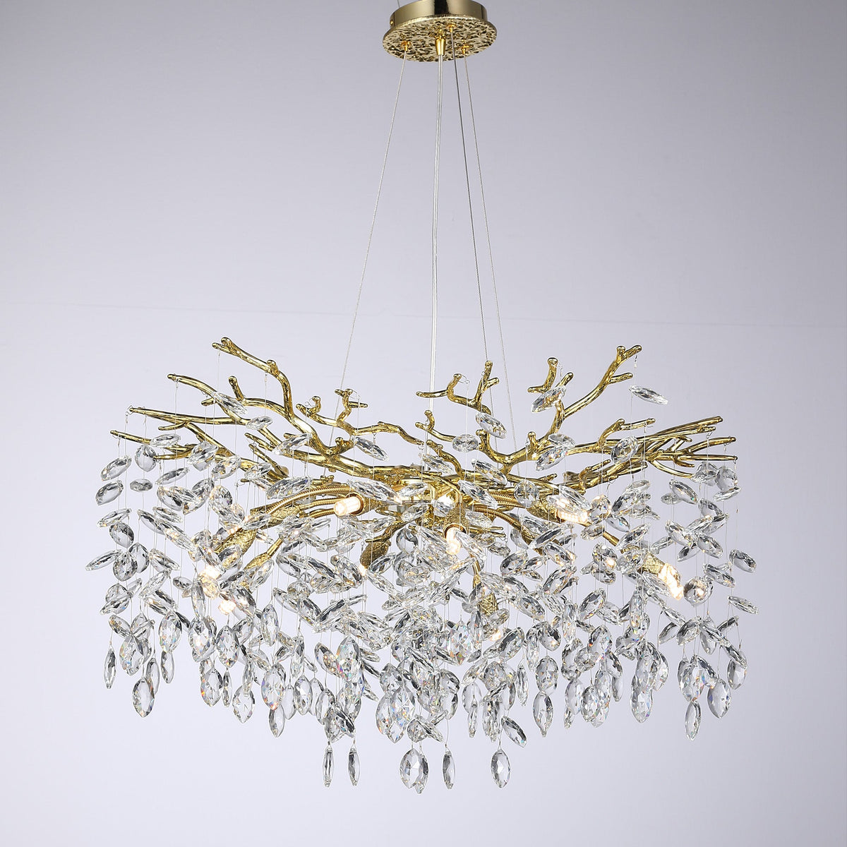 Flavia Round Gold Clear Crystal Branch Chandelier For Living Room