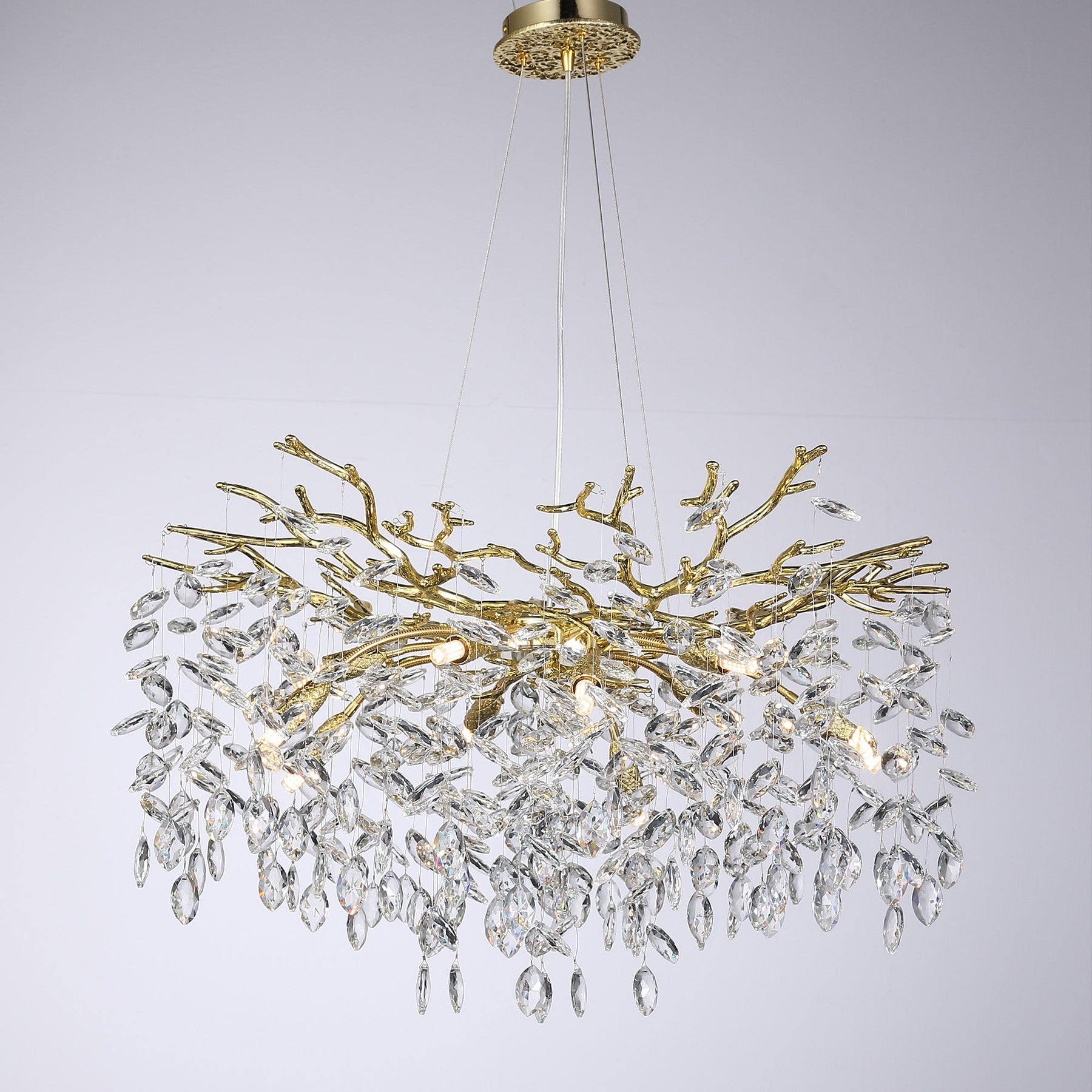 Flavia Round Gold Clear Crystal Branch Chandelier For Living Room