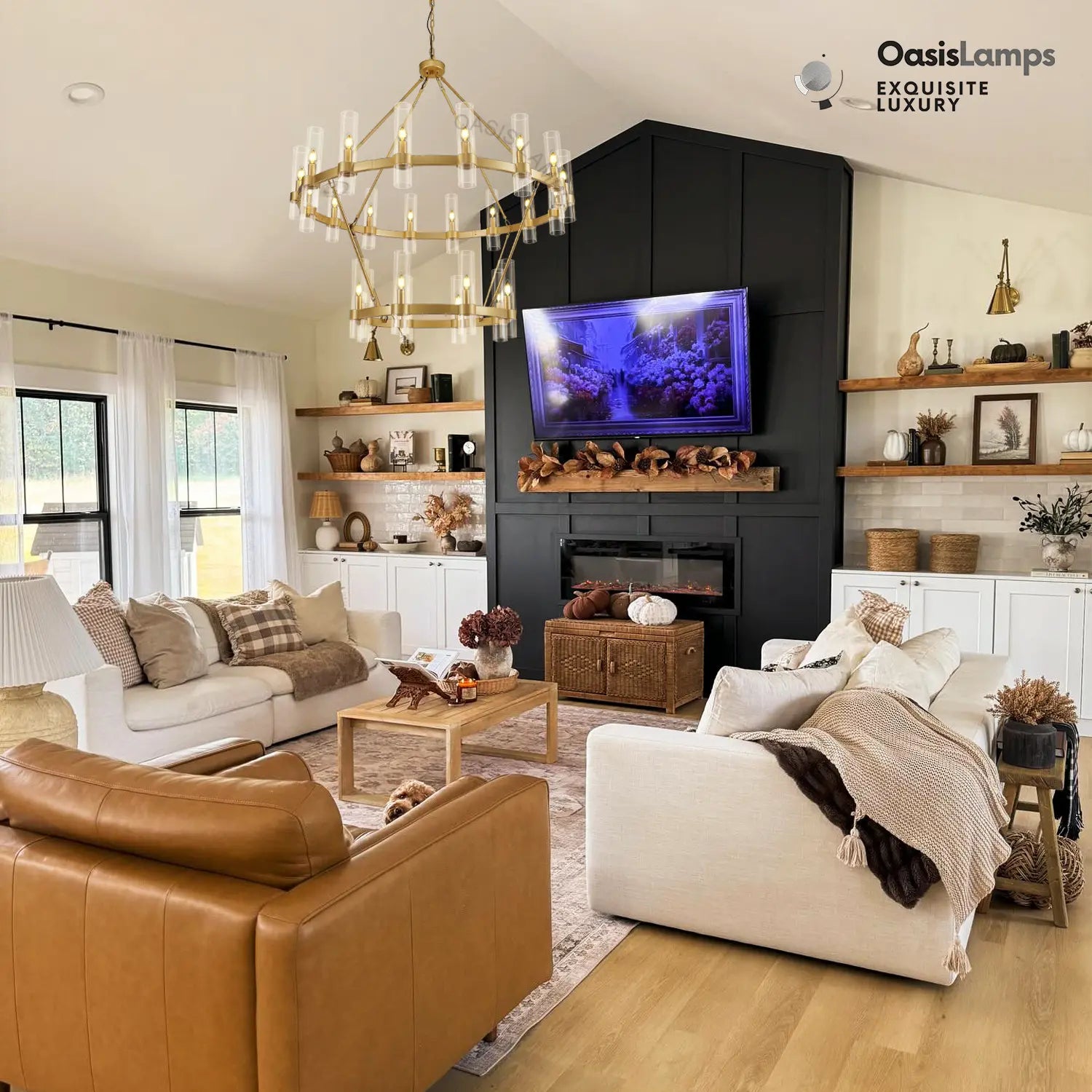 Cylora 2-Tier Glass Tube Round Chandelier 48" 60"D#finish_brass,size_48"