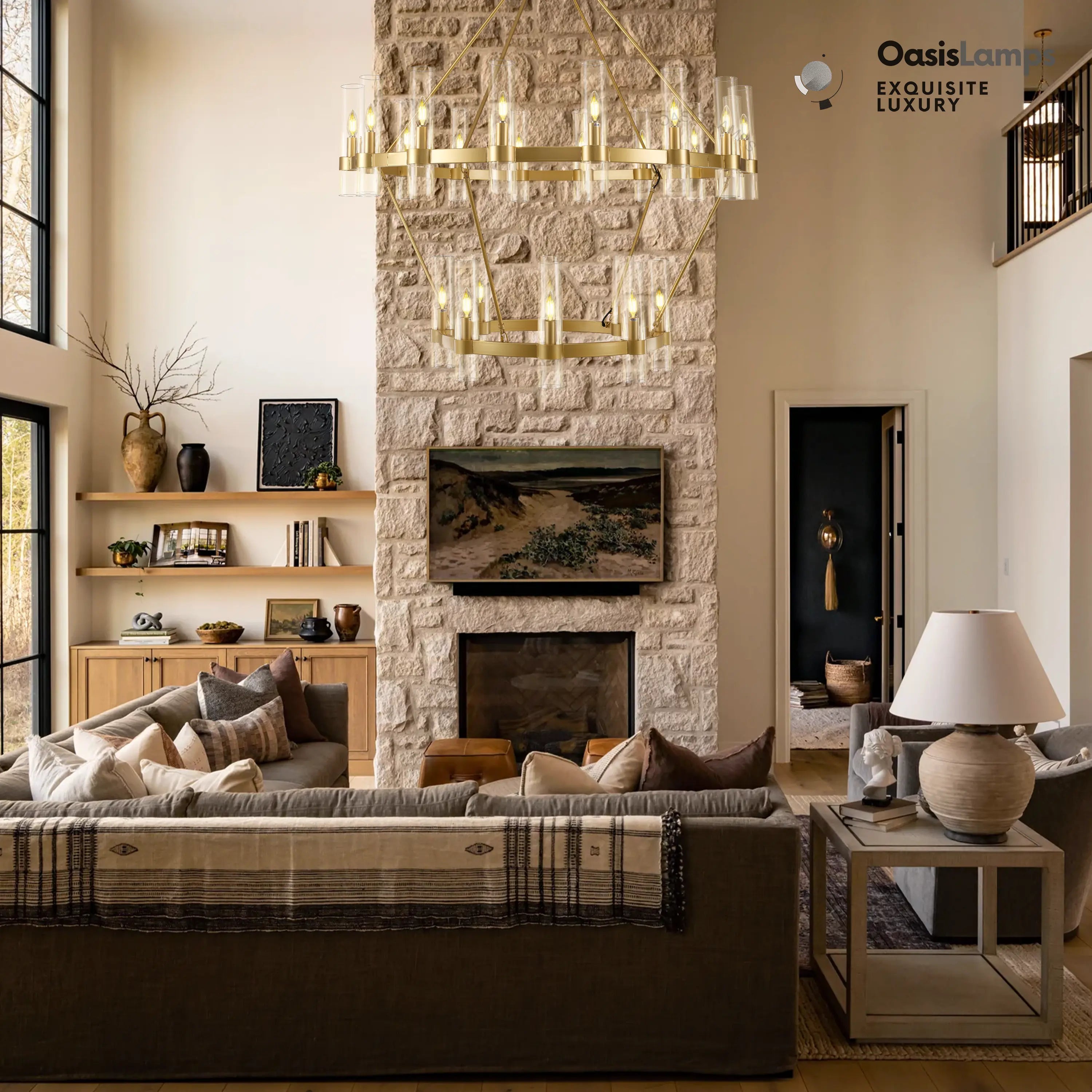 Cylora 2-Tier Glass Tube Round Chandelier 48" 60"D#finish_brass,size_48"