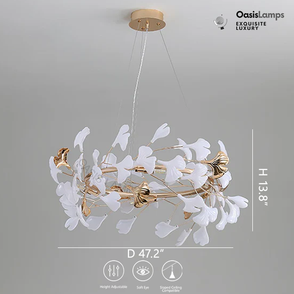 Twilight Branches Ceramic Gingko Chandelier T#size_Model A ∅ 47.2″ x H 13.8″