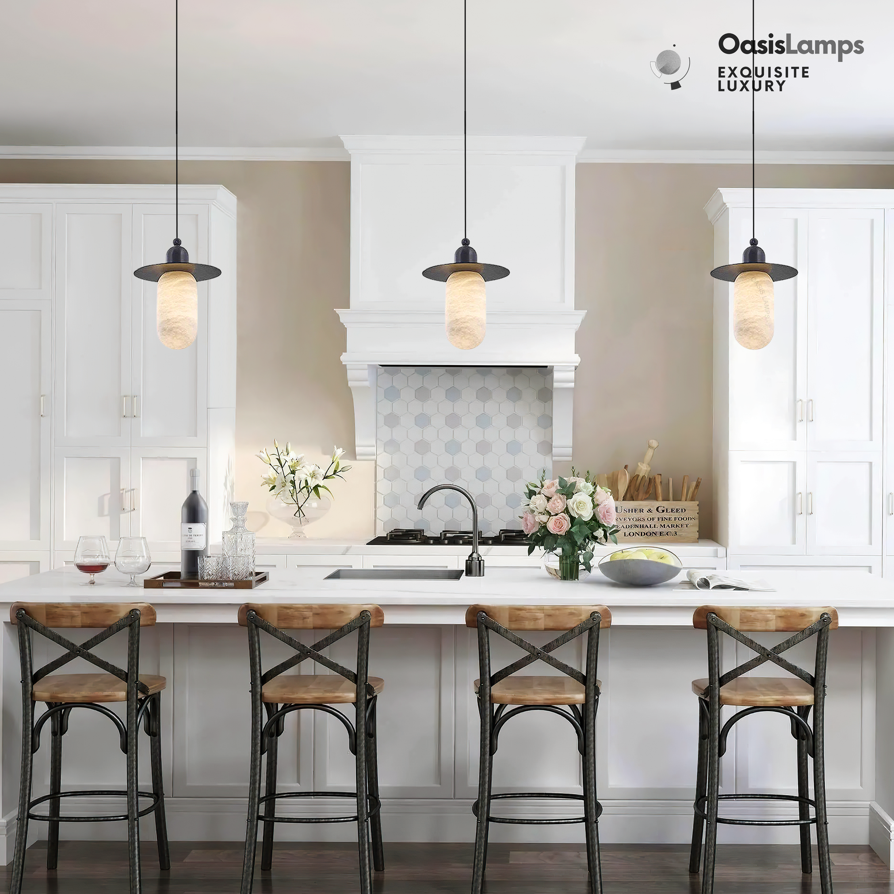 Bloom Alabaster Grace Pendant 6" 8" H#Color_White + Black/Brass , size_D15*H7.48''/D5.91*H7.48"