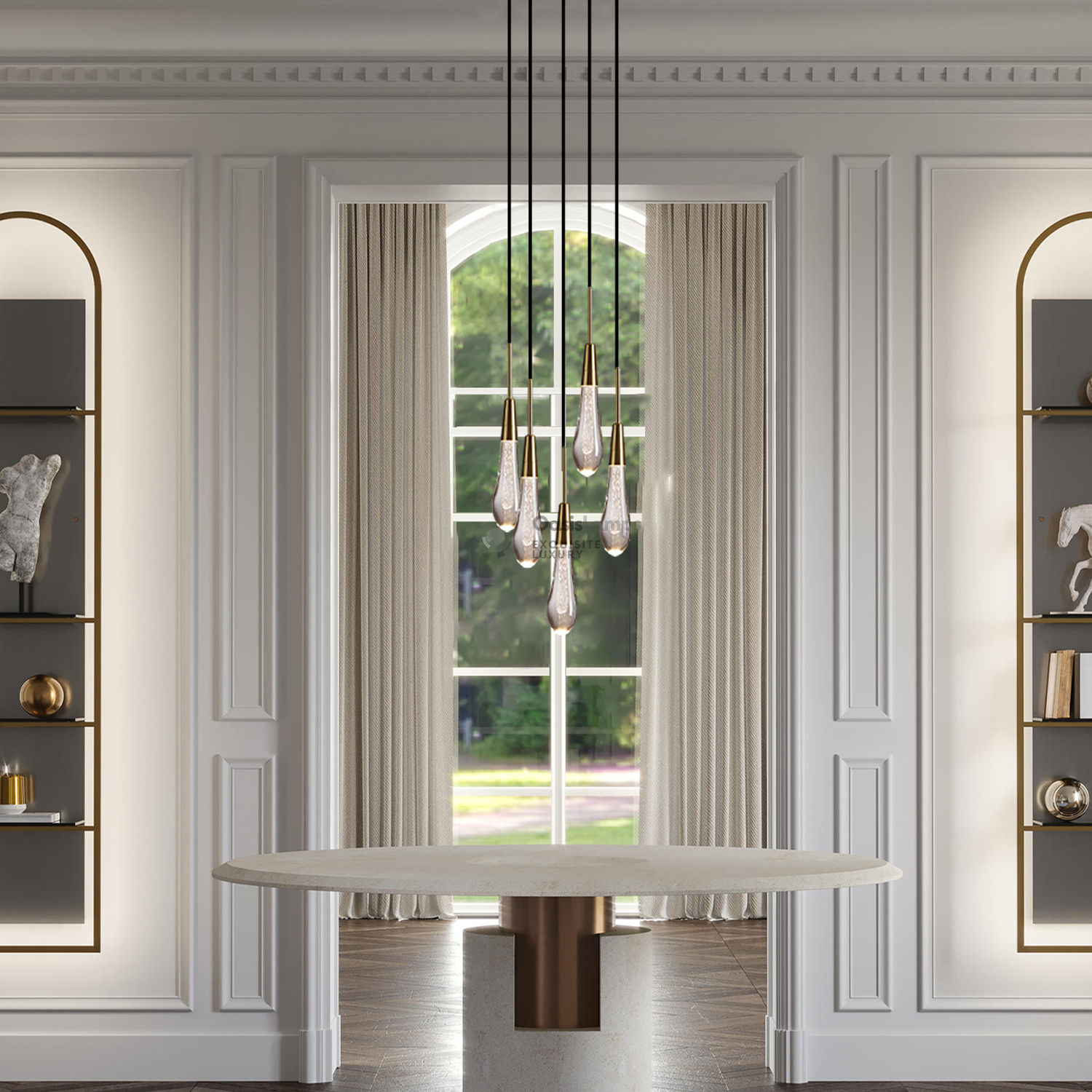 Elara Solitaires Round Crystal Pendant-3 lights 5 lights 7 lights#color_brass,size_5 lights