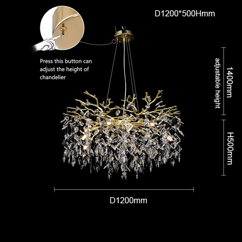 Salome Round Gold Clear Crystal Branch Chandelier For Living Room