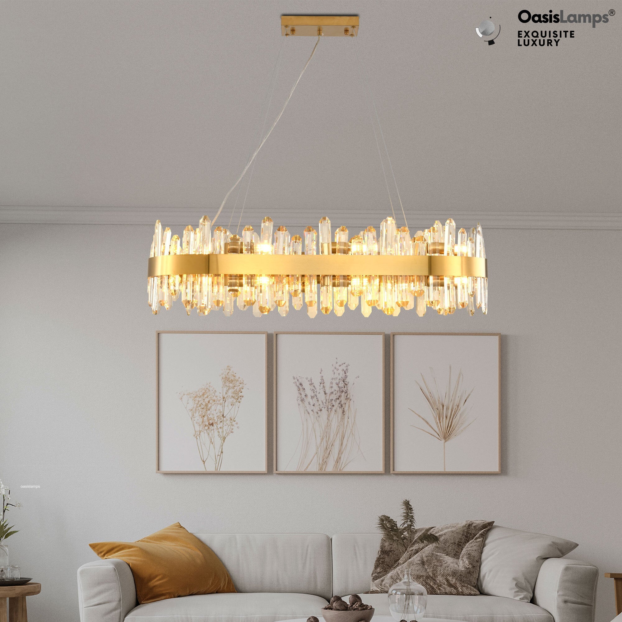 Stellara Crystal Strip Oval Halo Chandelier 36" 52"#color_brass,size_36''L