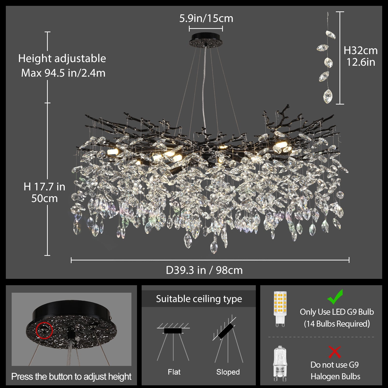 Frostleaf Cascade Branch Crystal Round Chandelier 30" 40" D#color_black,size_D-40inches