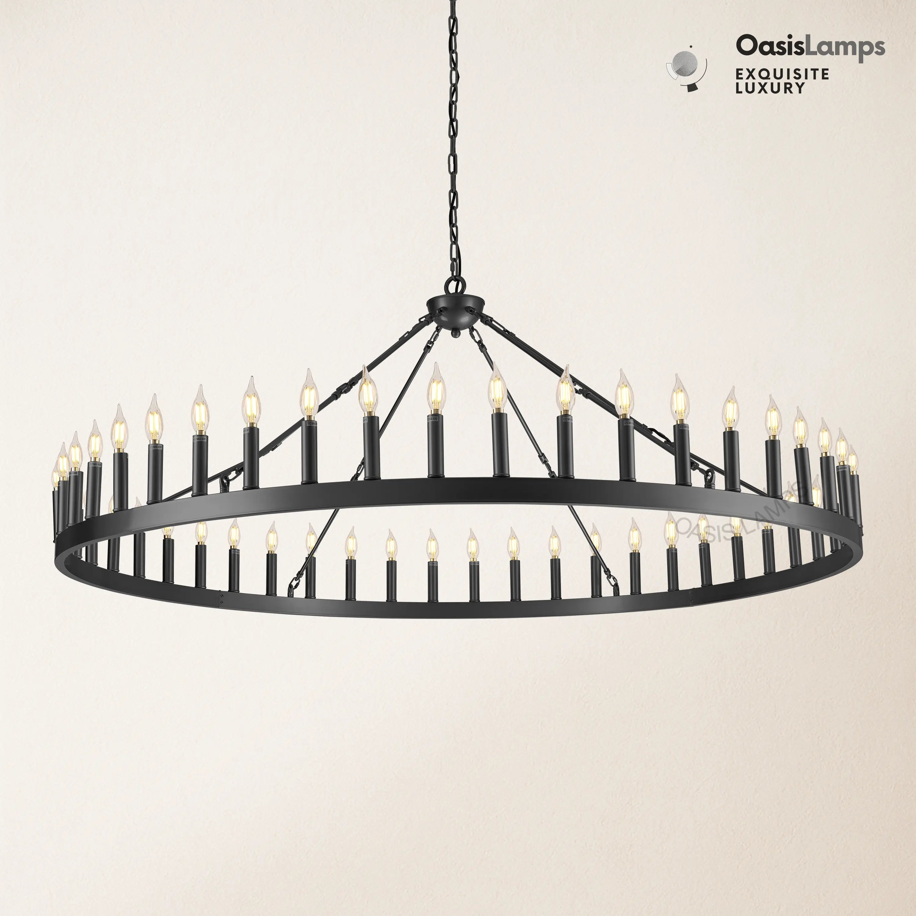 Wagon Wheel Candle Round Chandelier 64"#Color_Black