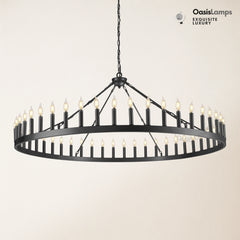 Wagon Wheel Candle Round Chandelier 64"#Color_Black