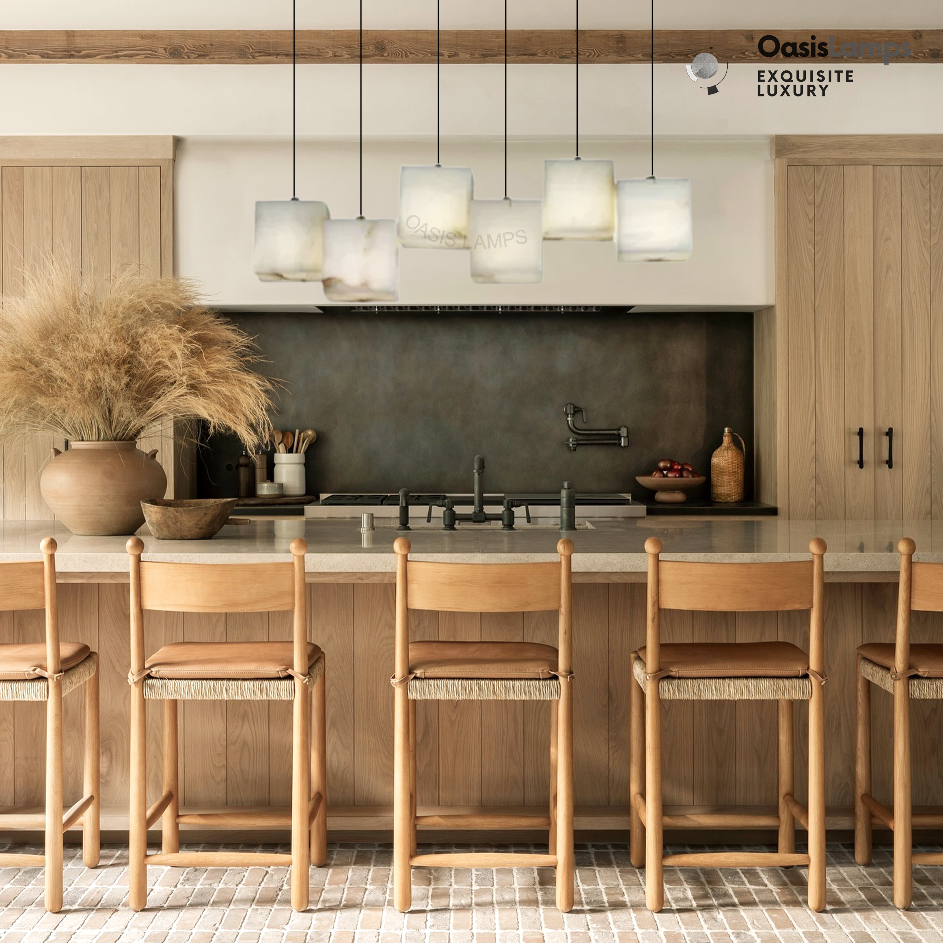 Dave Simple Alabaster Box chandelier#color_White,size_6 heads Size: L 28.3″(72cm) × W 4.7″(12cm) × W 78.7″(200cm)