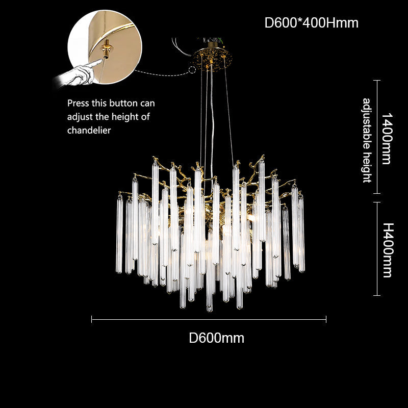 Clea Round Gold Clear Crystal Tube Branch Chandelier For Living Room