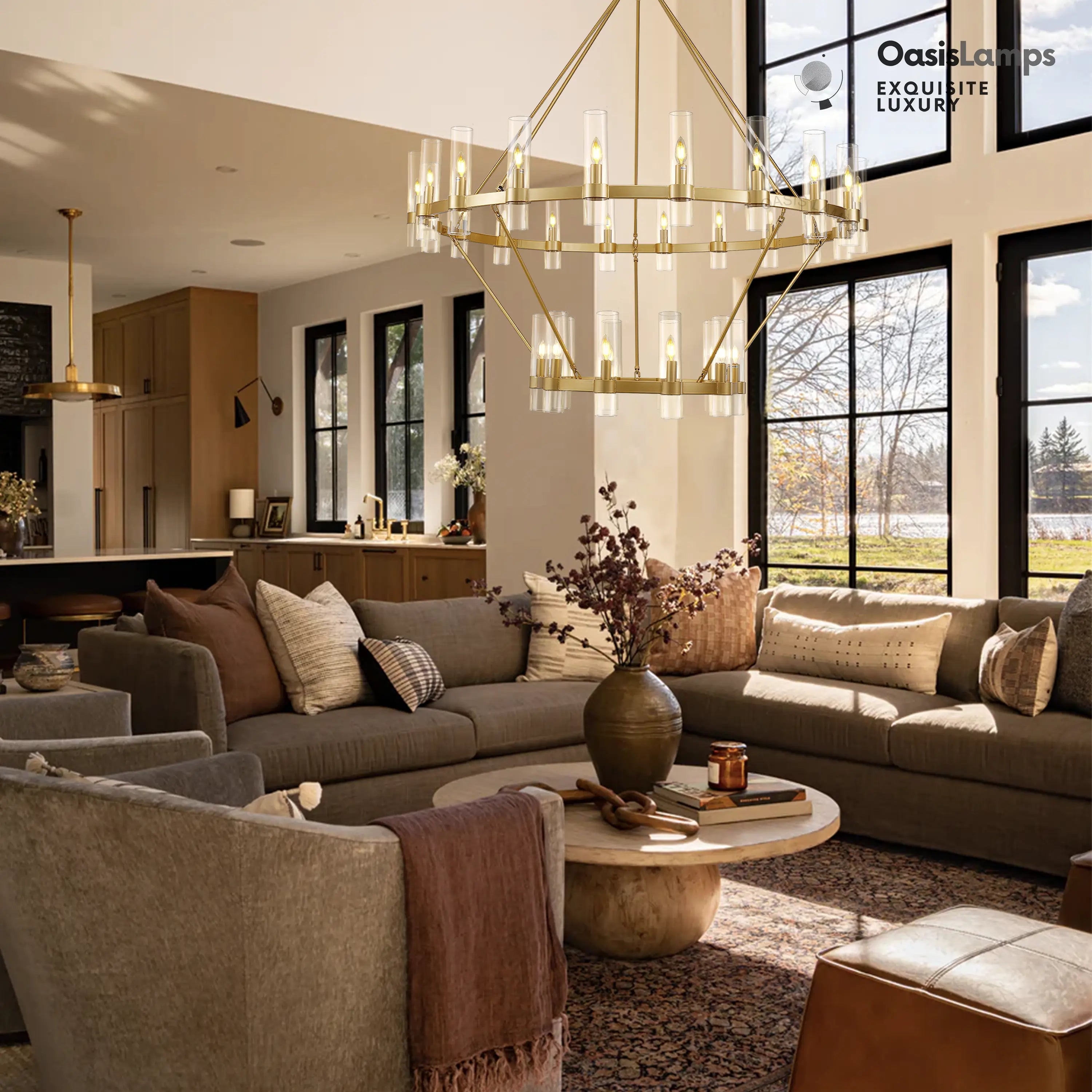 Cylora 2-Tier Glass Tube Round Chandelier 48" 60"D#finish_brass,size_60"