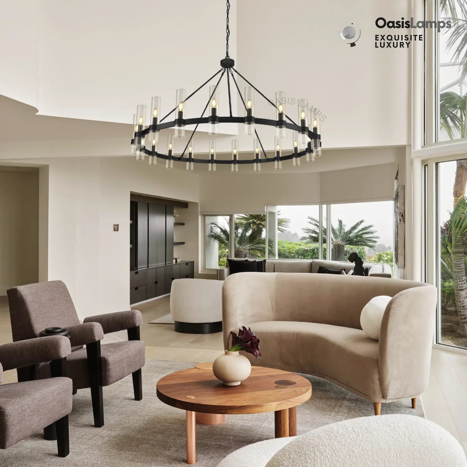 Cylora Glass Tube Round Chain Chandelier 48" 60" 70"D#Color_Black,Size_60"