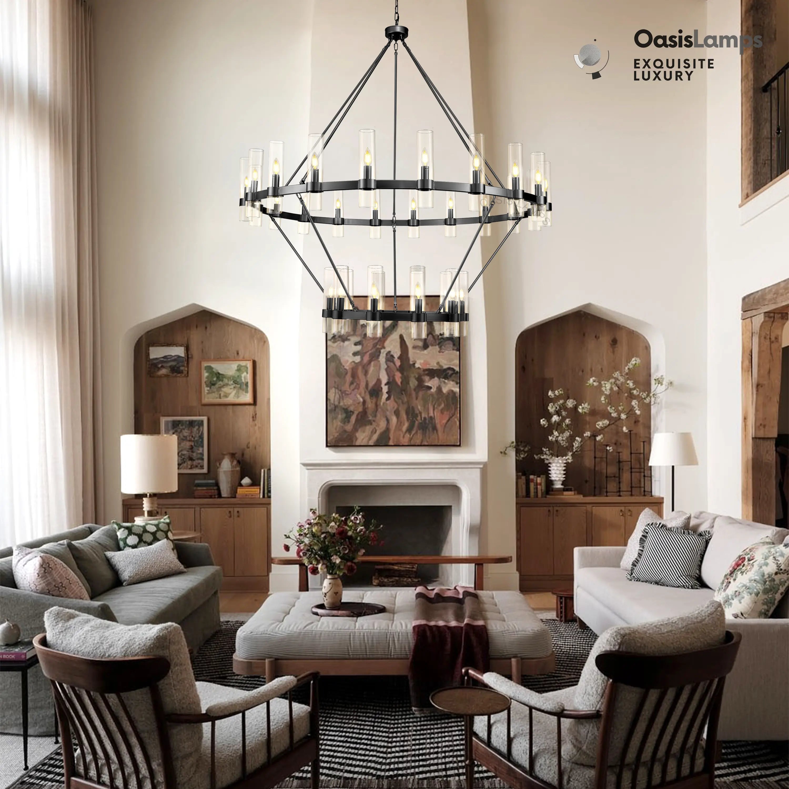 Cylora 2-Tier Glass Tube Round Chandelier 48" 60"D#finish_black,size_60"