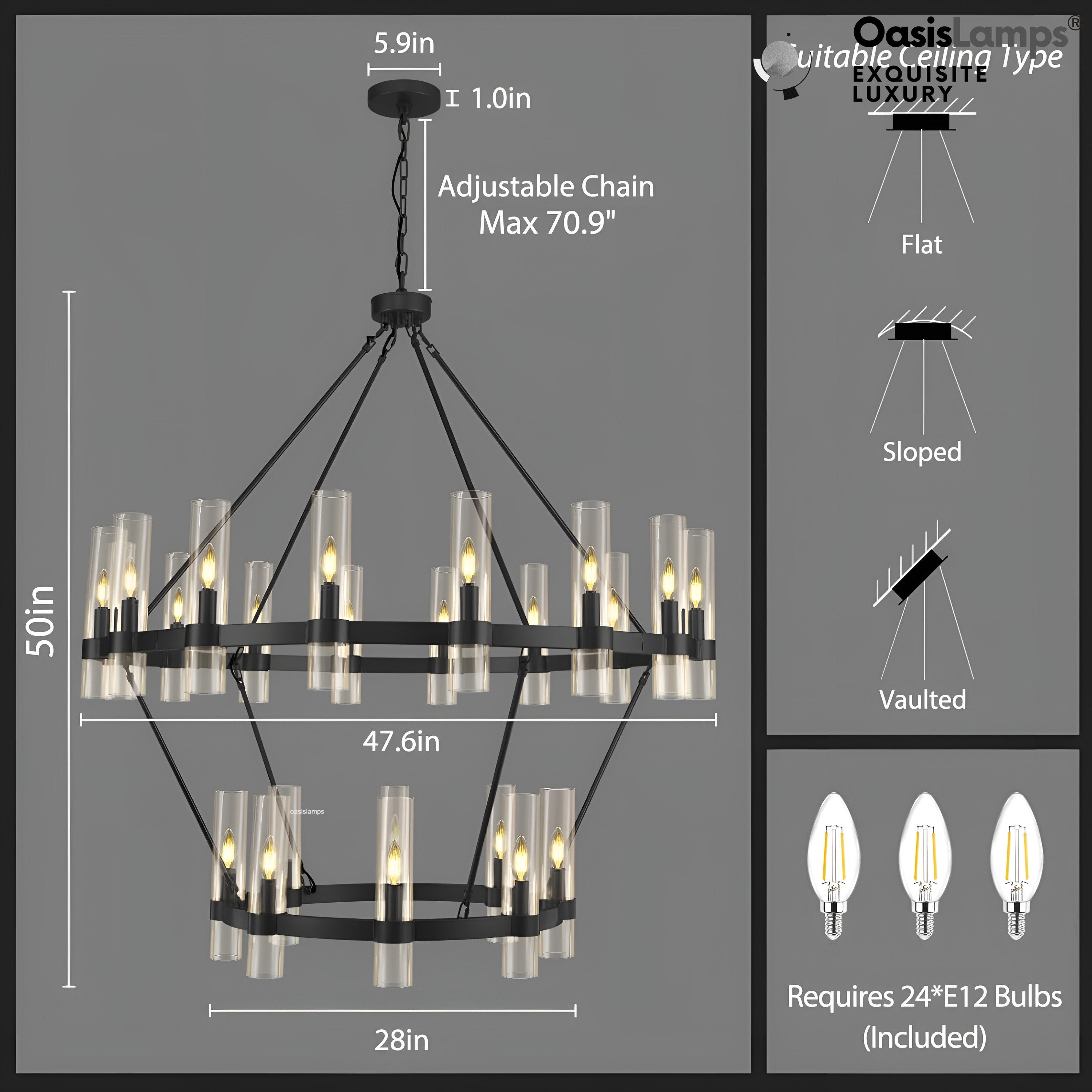 Cylora 2-Tier Glass Tube Round Chandelier 48" 60"D#finish_black,size_48"