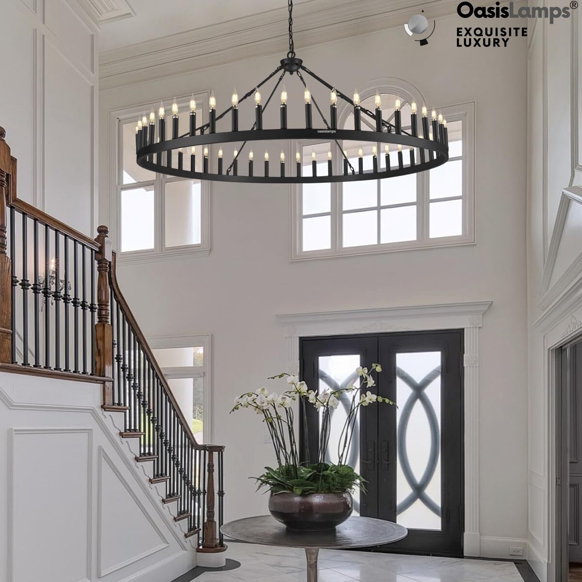 Wagon Wheel Candle Round Chandelier 64"#Color_Black
