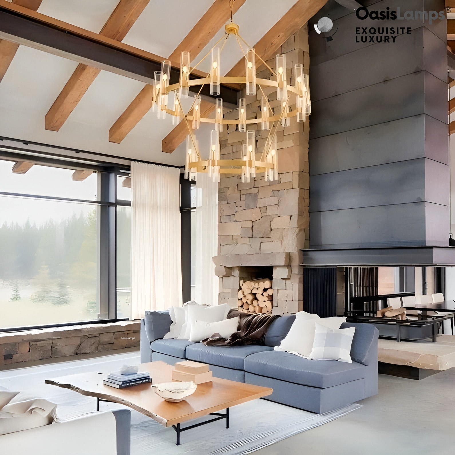 Cylora 2-Tier Glass Tube Round Chandelier 48" 60"D#finish_brass,size_48"