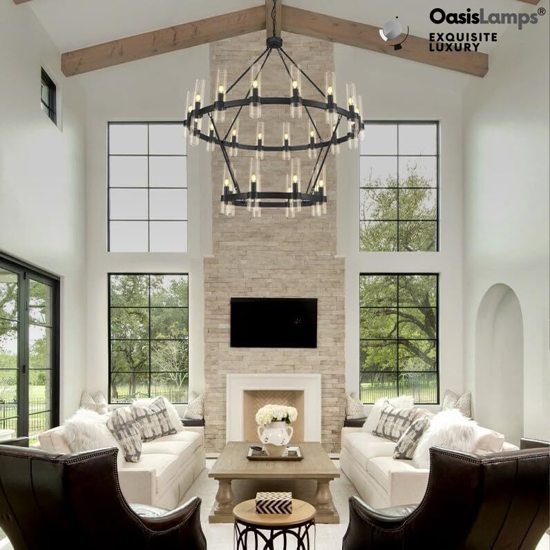 Cylora 2-Tier Glass Tube Round Chandelier 48" 60"D#finish_black,size_48"