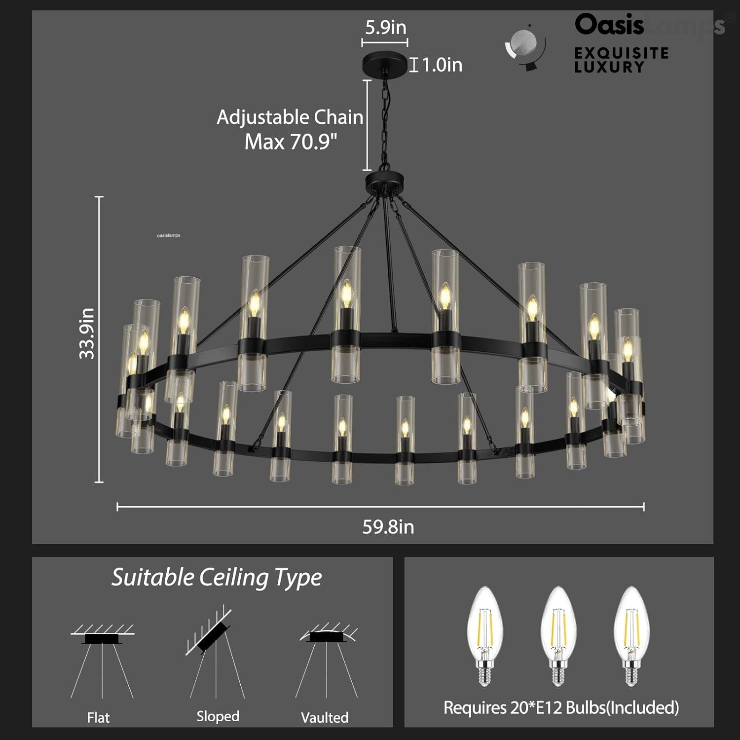 Cylora Glass Tube Round Chain Chandelier 48" 60" 70"D#Color_Black,Size_60"