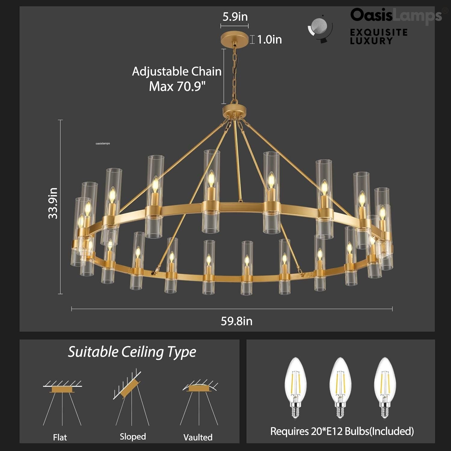 Cylora Glass Tube Round Chain Chandelier 48" 60" 70"D#Color_Brass,Size_60"