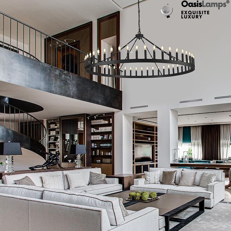 Wagon Wheel Candle Round Chandelier 64"#Color_Black