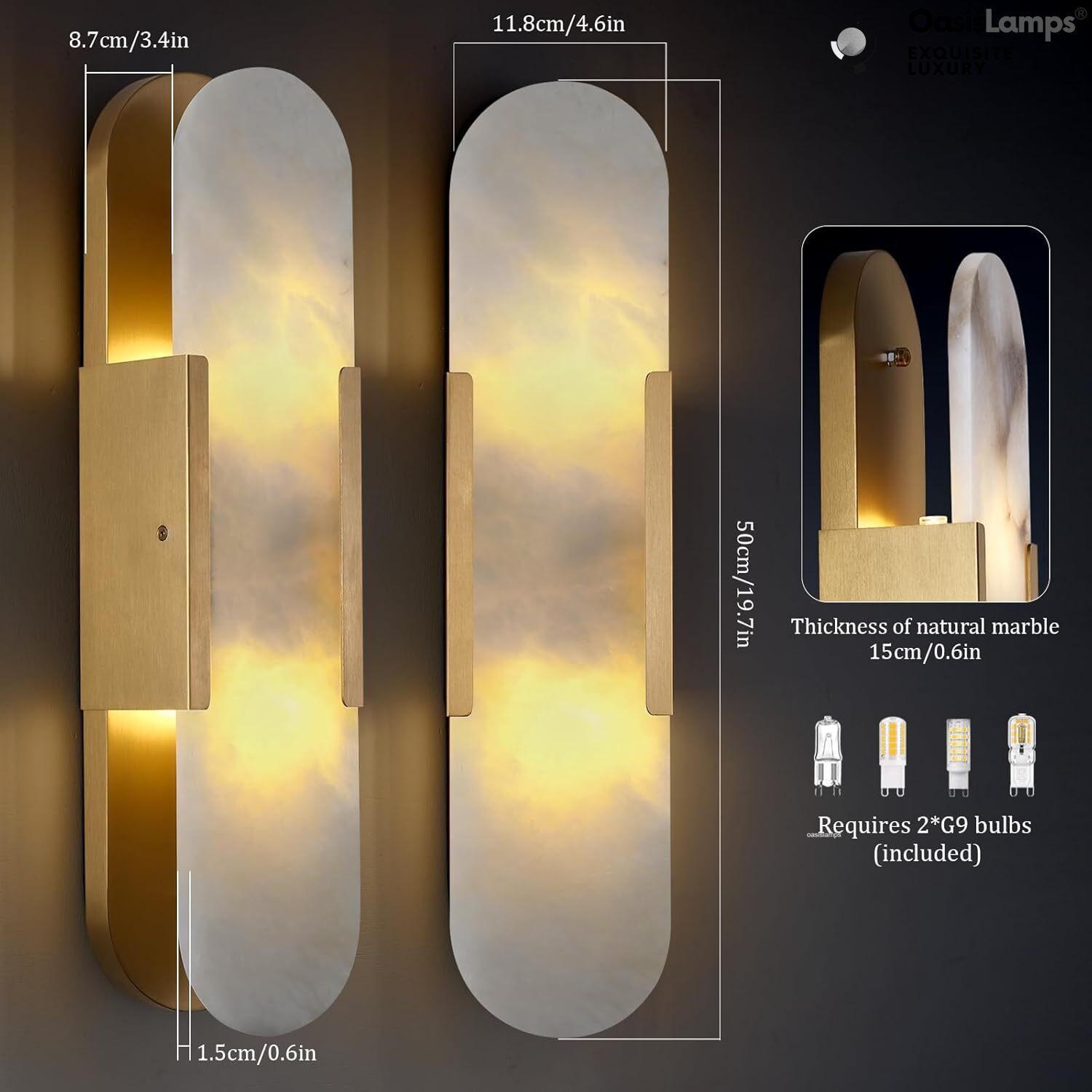 OpalEdge Oval Alabaster Wall Sconces 13.8" 19.7"H#Color_Brass,size_19.7" H-1 Pack
