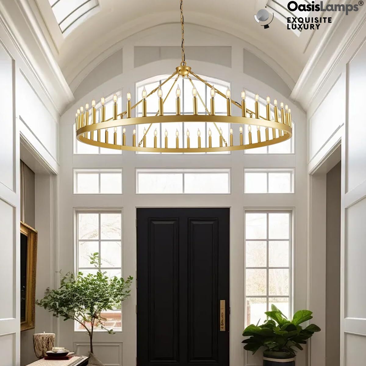 Wagon Wheel Candle Round Chandelier 64"#Color_Brass