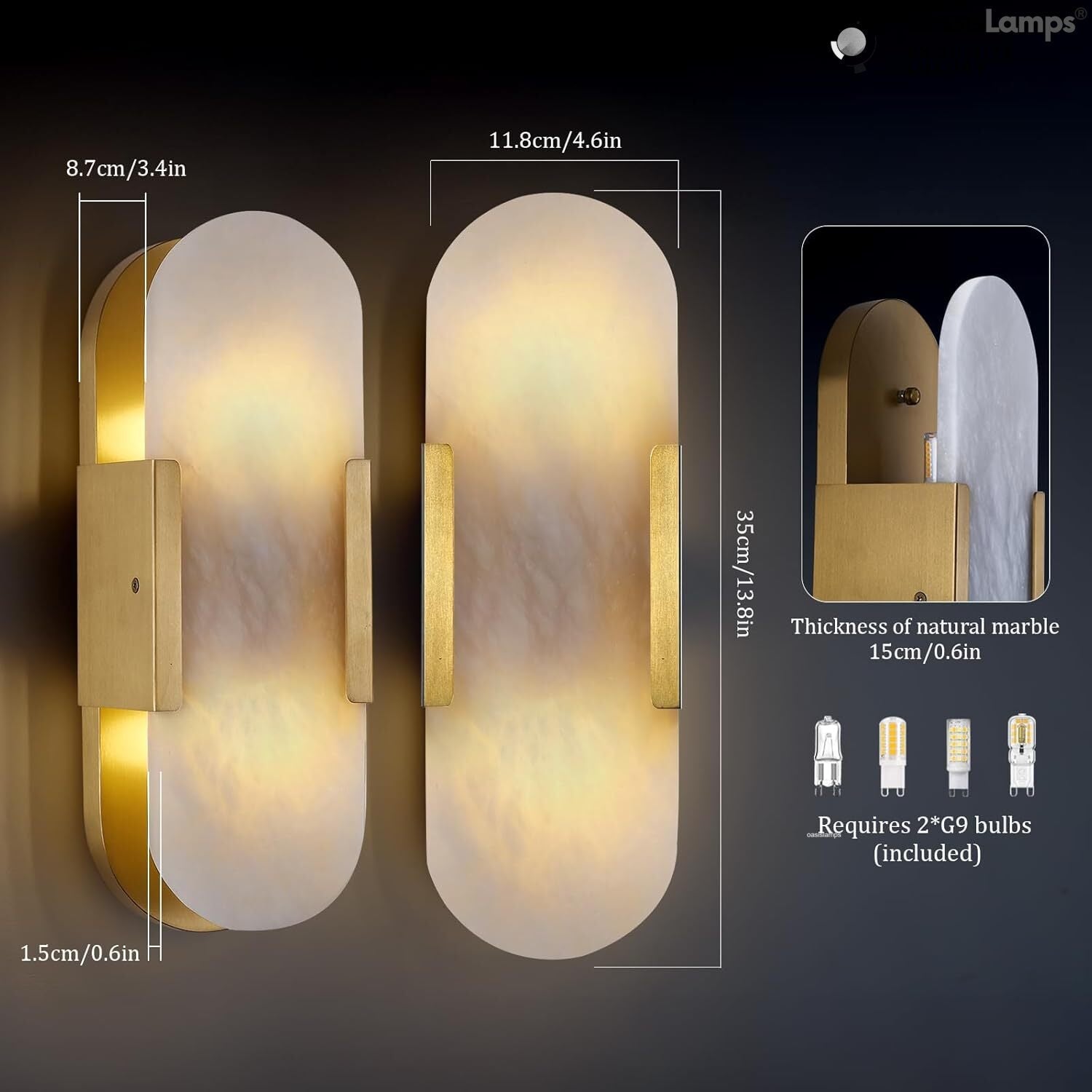 OpalEdge Oval Alabaster Wall Sconces 13.8" 19.7"H#Color_Brass,size_13.8" H-1 Pack