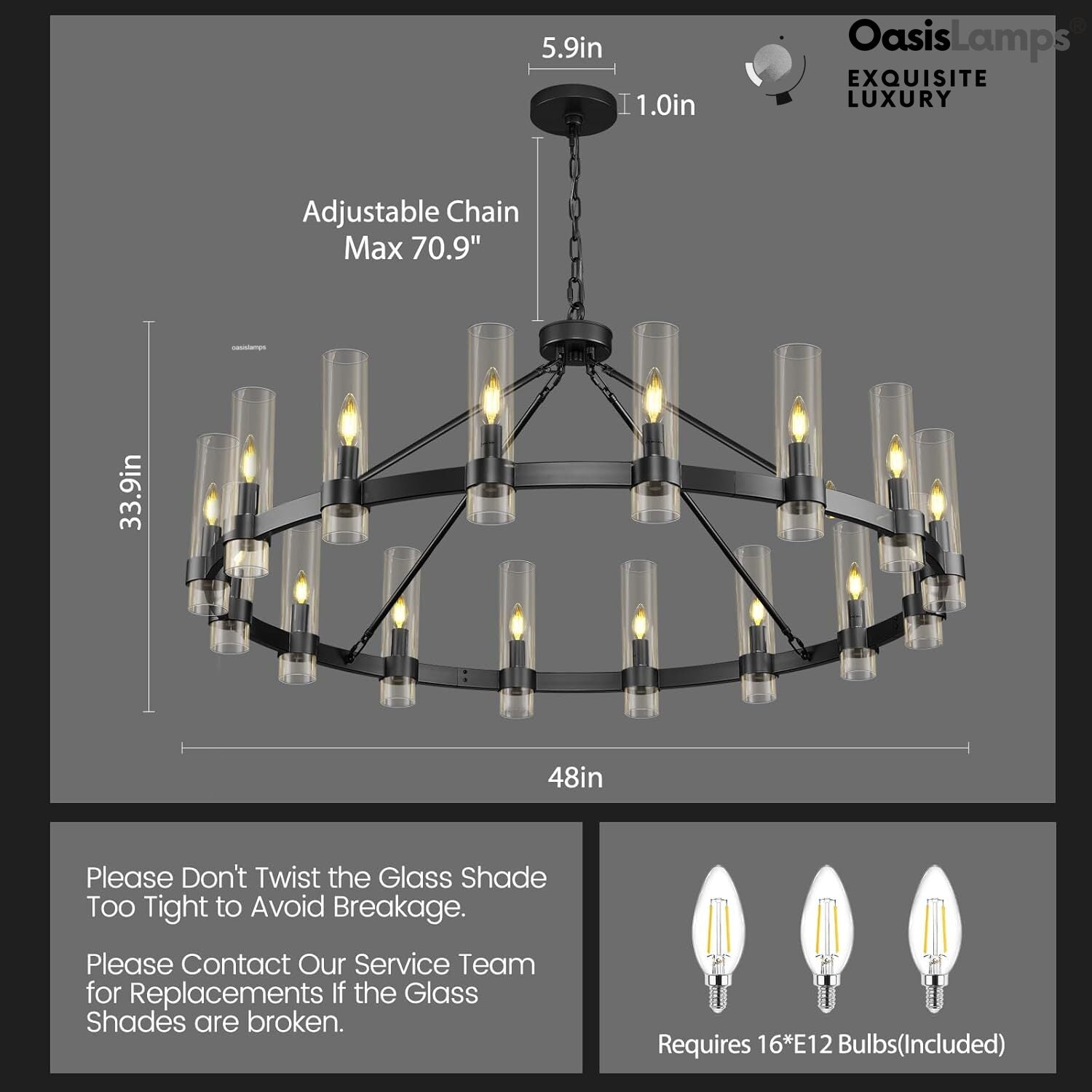 Cylora Glass Tube Round Chain Chandelier 48" 60" 70"D#Color_Black,Size_48"