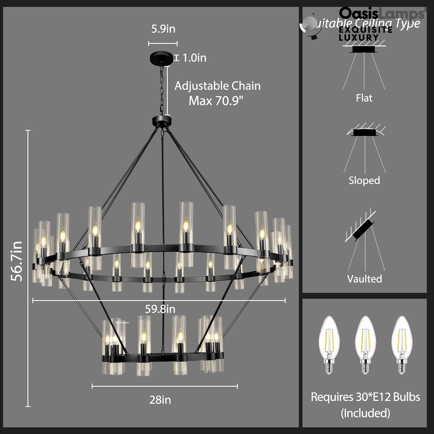 Cylora 2-Tier Glass Tube Round Chandelier 48" 60"D#finish_black,size_60"