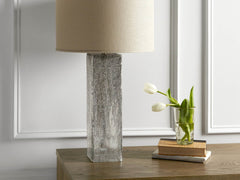 Adrano Table Lamp in Silver with Natural Shade