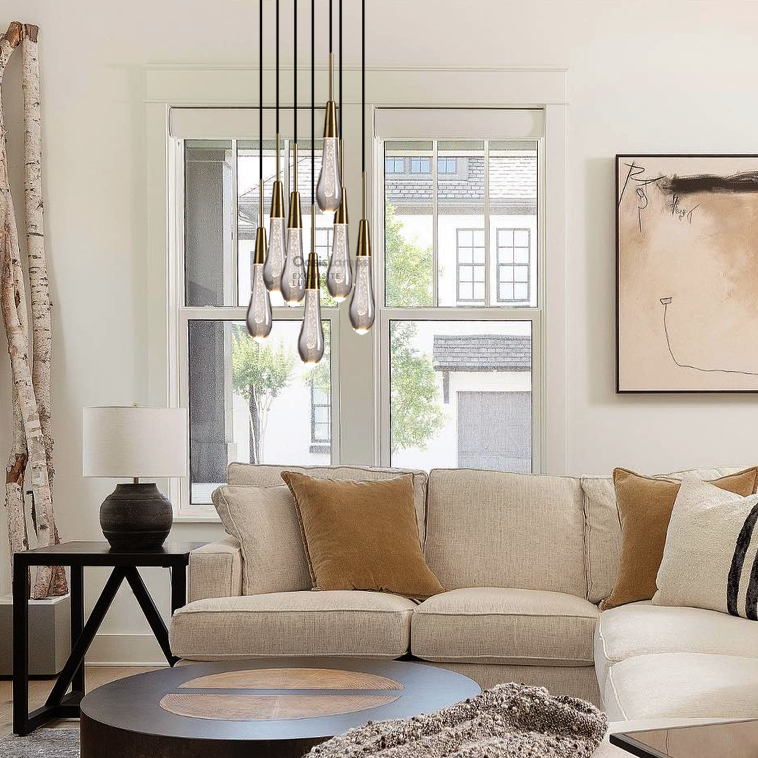 Elara Solitaires Round Crystal Pendant-3 lights 5 lights 7 lights#color_brass,size_7 lights