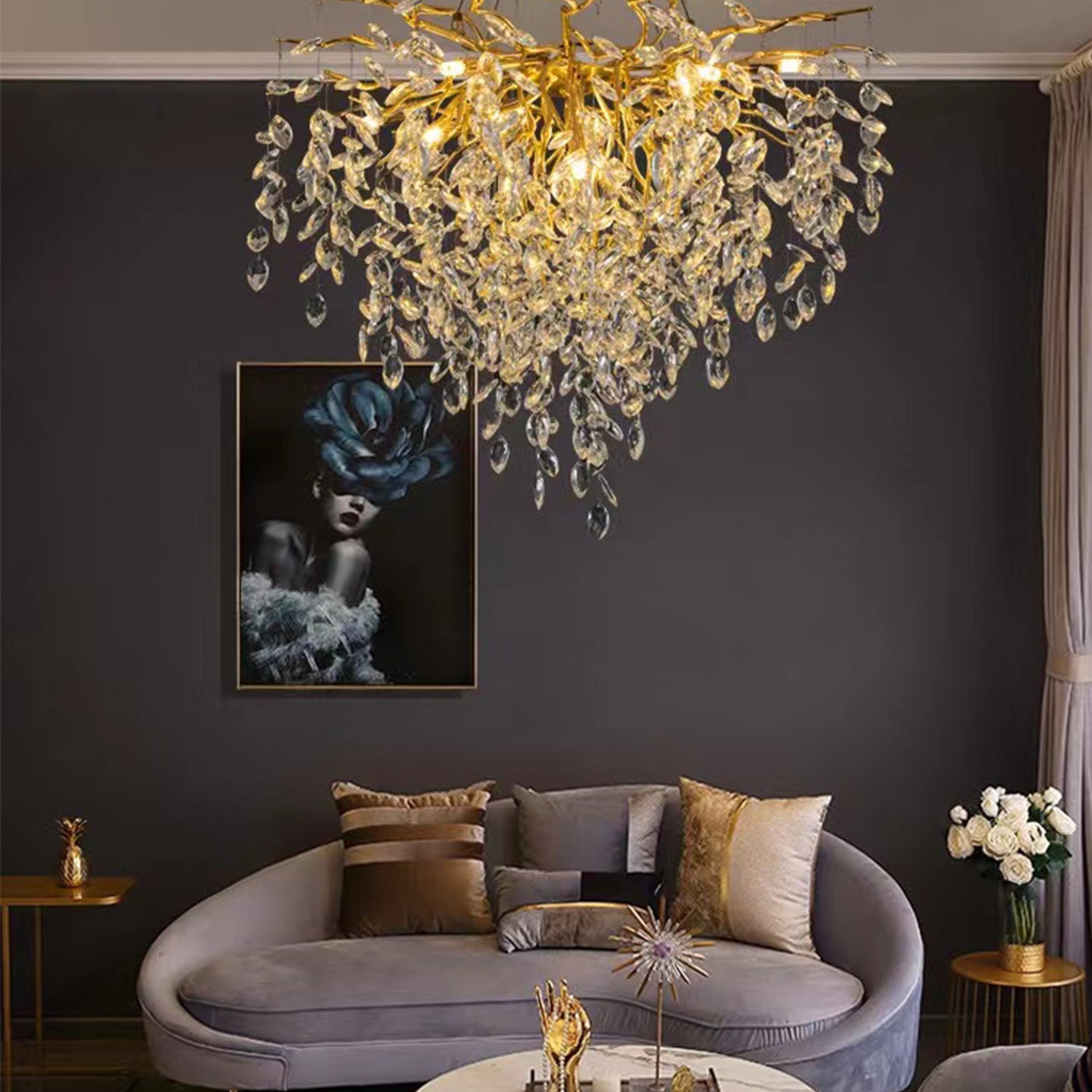 Flavia Round Gold Clear Crystal Branch Chandelier For Living Room