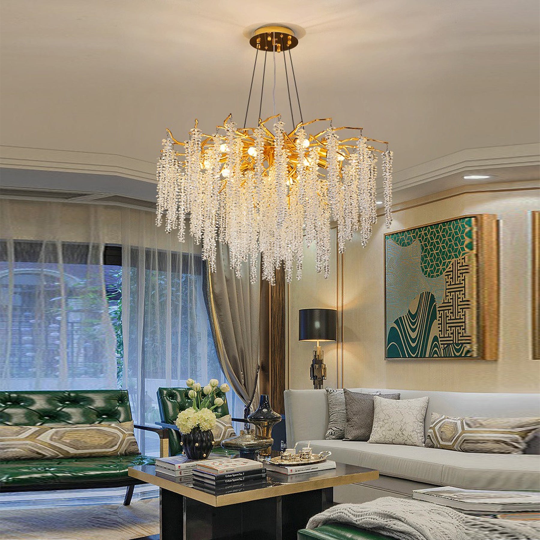 Gold Coin Crystal Round Branch Chandelier For Living Room