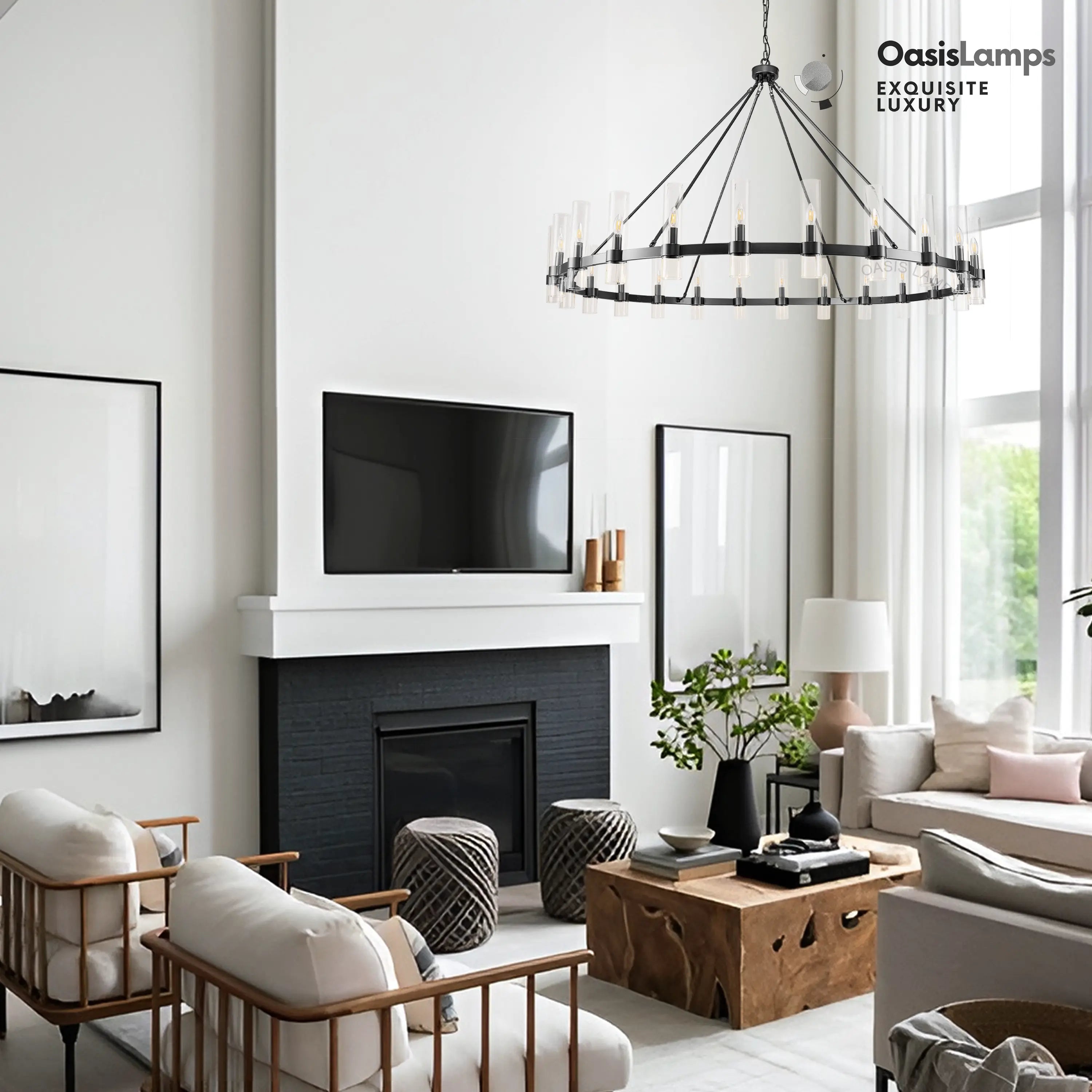 Cylora Glass Tube Round Chain Chandelier 48" 60" 70"D#Color_Black,Size_70"