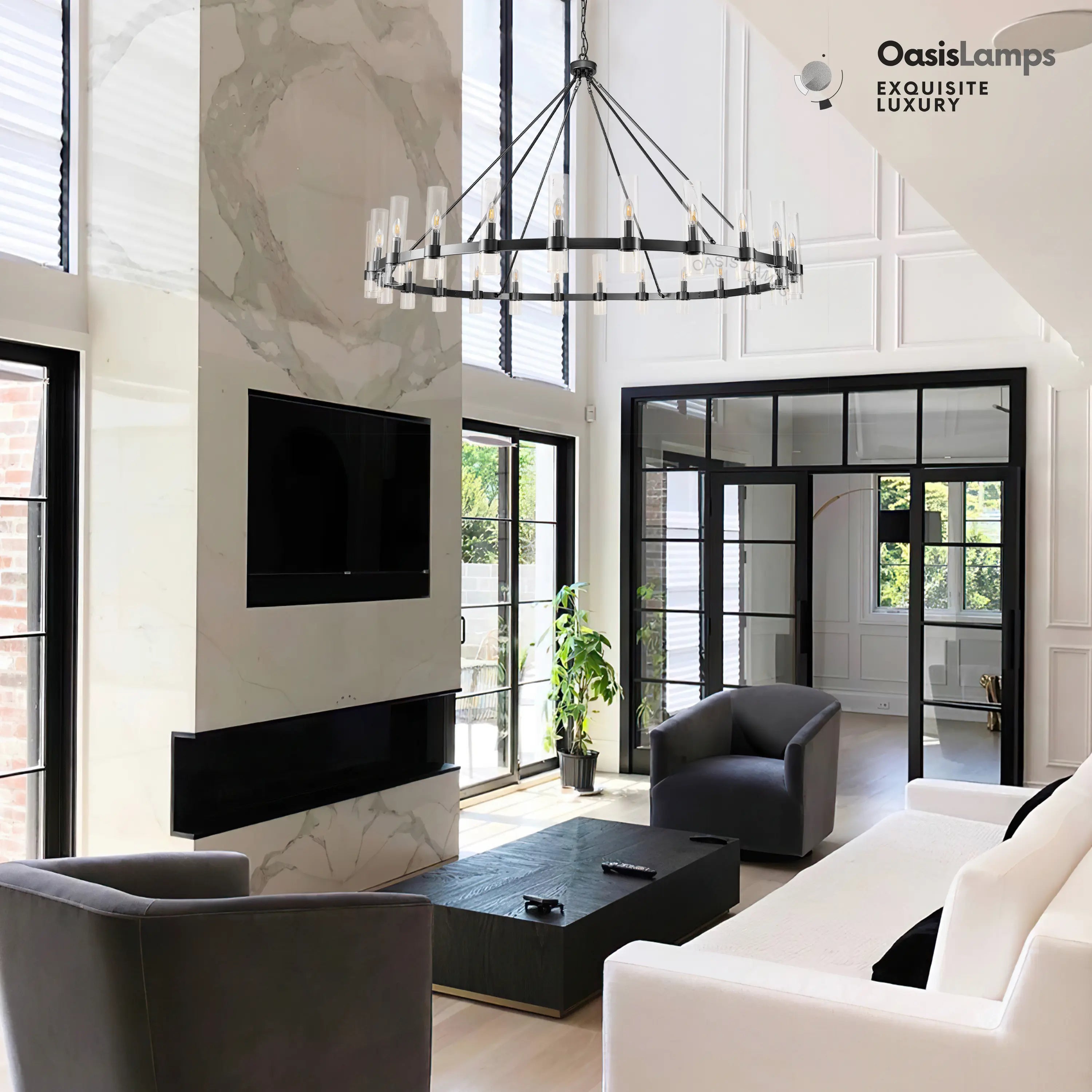 Cylora Glass Tube Round Chain Chandelier 48" 60" 70"D#Color_Black,Size_70"