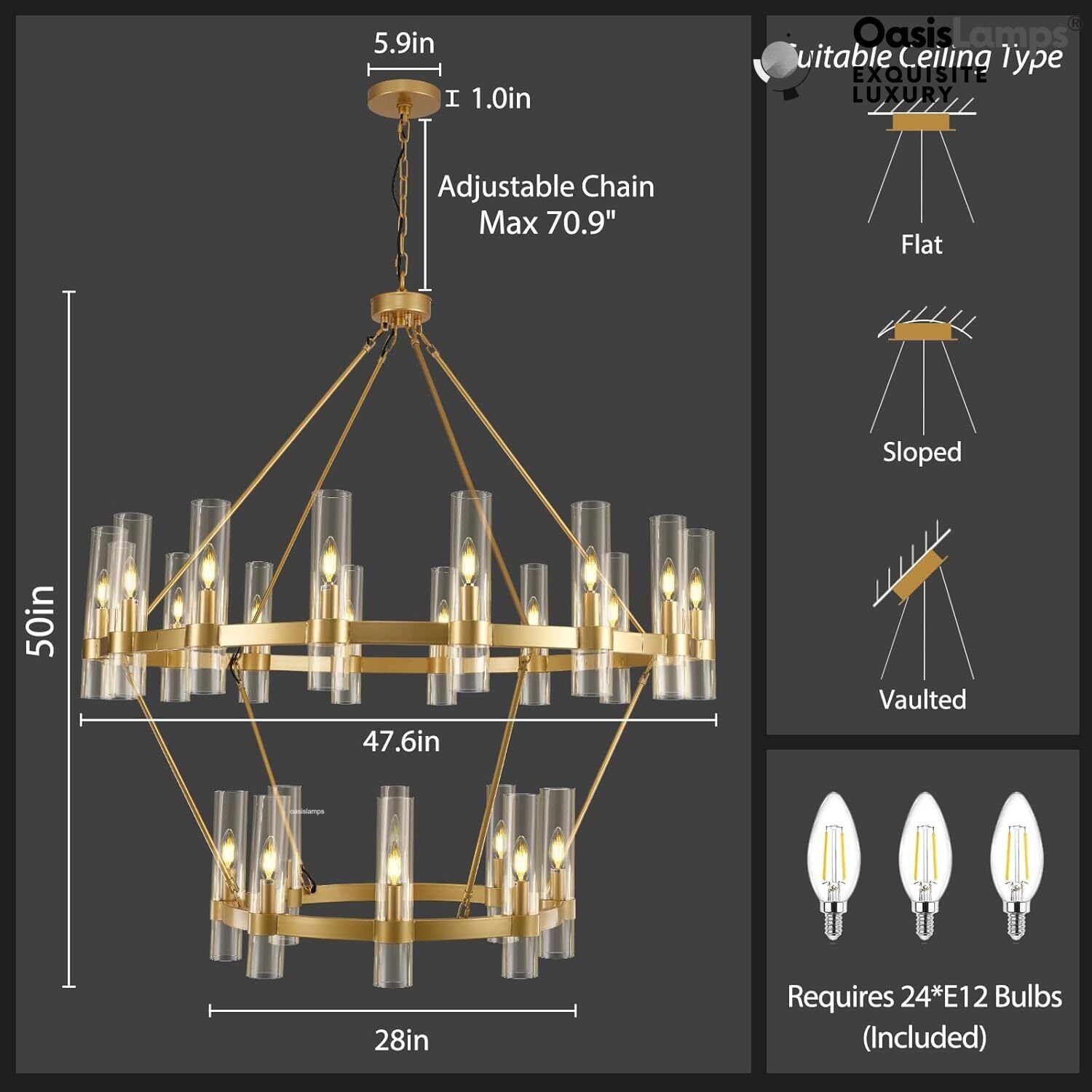 Cylora 2-Tier Glass Tube Round Chandelier 48" 60"D#finish_brass,size_48"