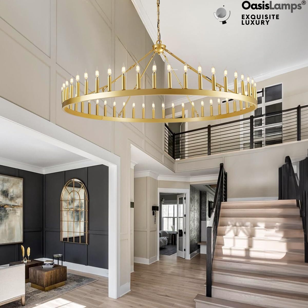 Wagon Wheel Candle Round Chandelier 64"#Color_Brass