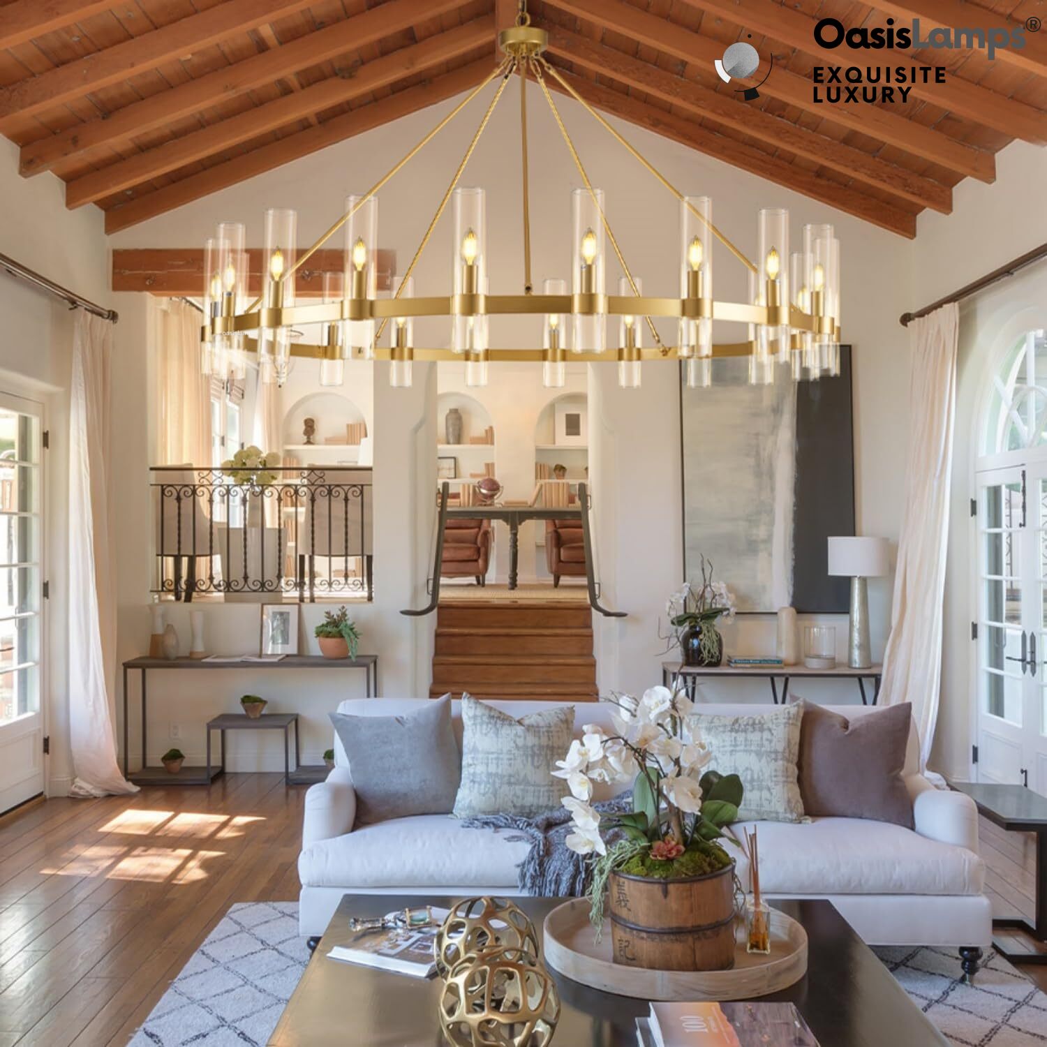 Cylora Glass Tube Round Chain Chandelier 48" 60" 70"D#Color_Brass,Size_60"