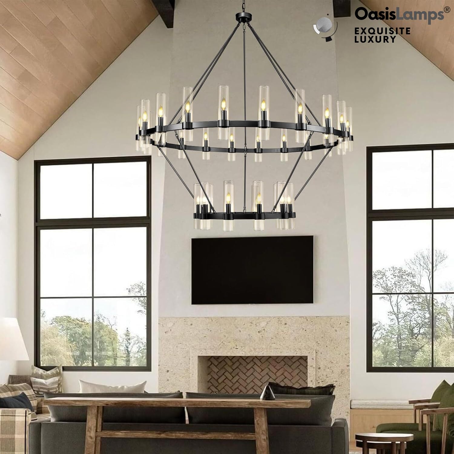 Cylora 2-Tier Glass Tube Round Chandelier 48" 60"D#finish_black,size_60"