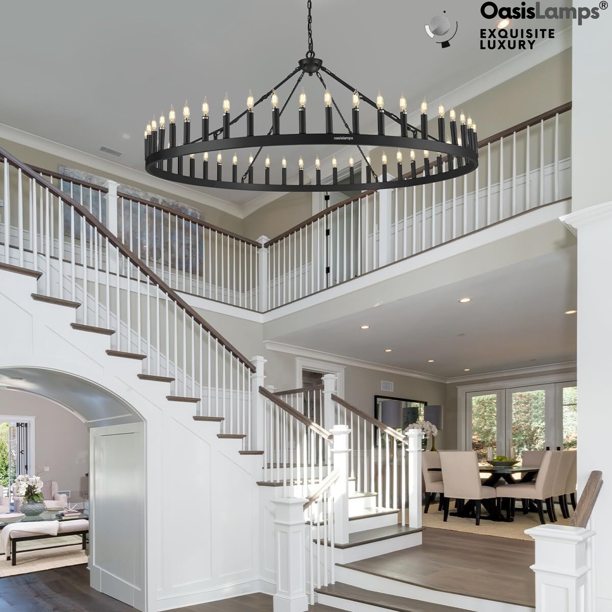 Wagon Wheel Candle Round Chandelier 64"#Color_Black