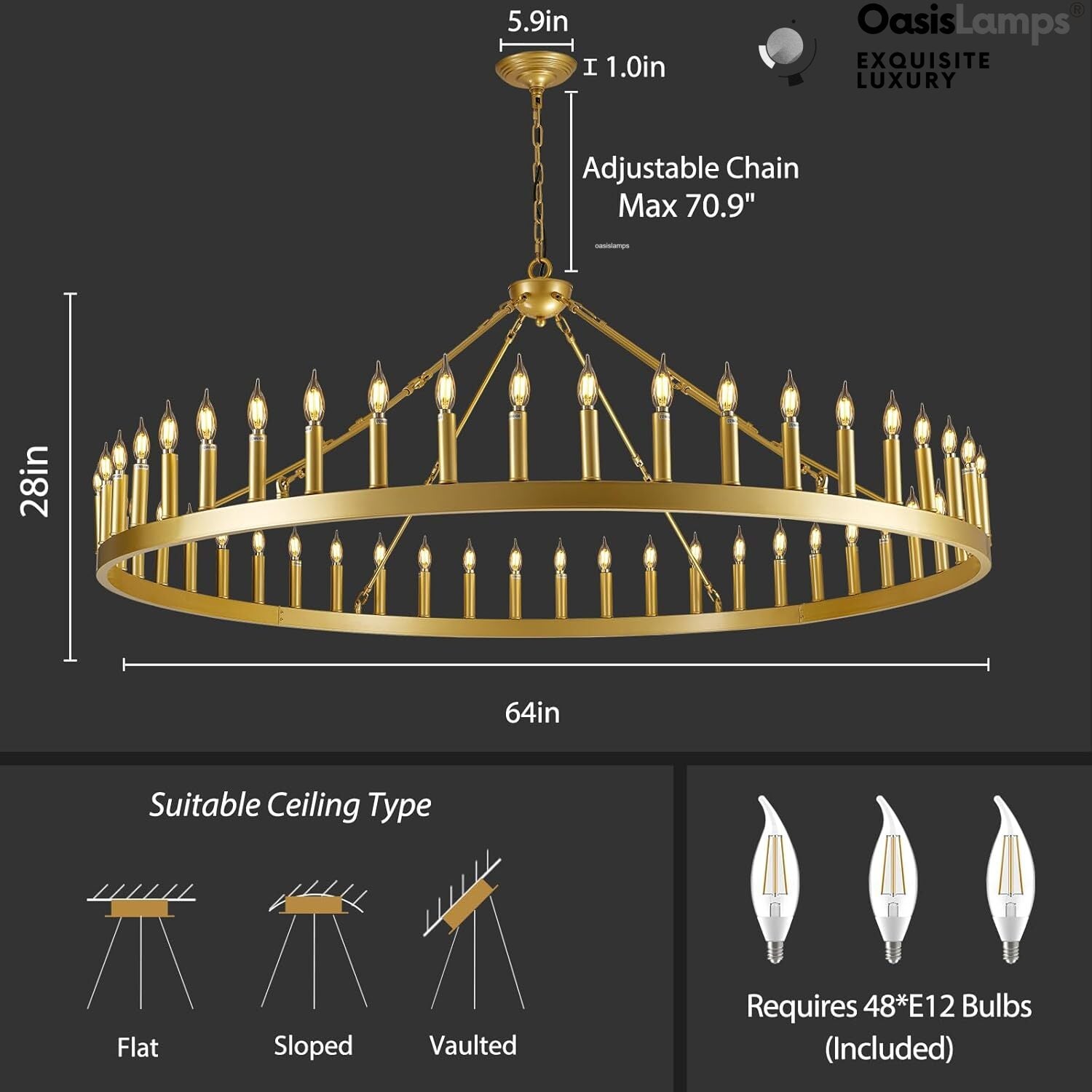 Wagon Wheel Candle Round Chandelier 64"#Color_Brass