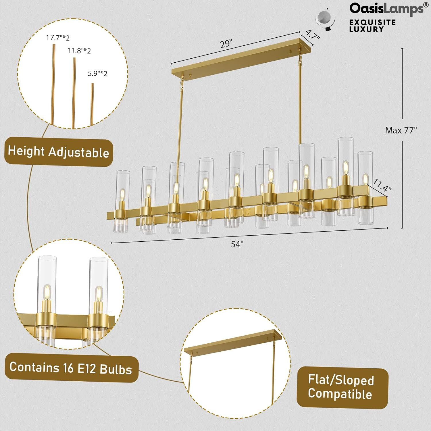 Cylora Glass Tube Rectangular Chandelier 54" 68"L#finish_brass,size_54"