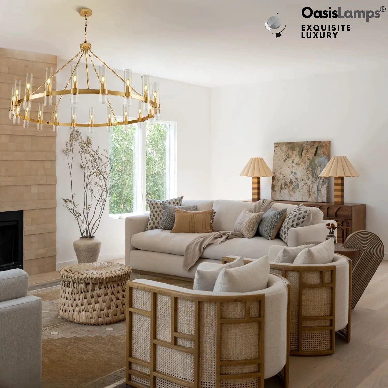 Cylora Glass Tube Round Chain Chandelier 48" 60" 70"D#Color_Brass,Size_60"