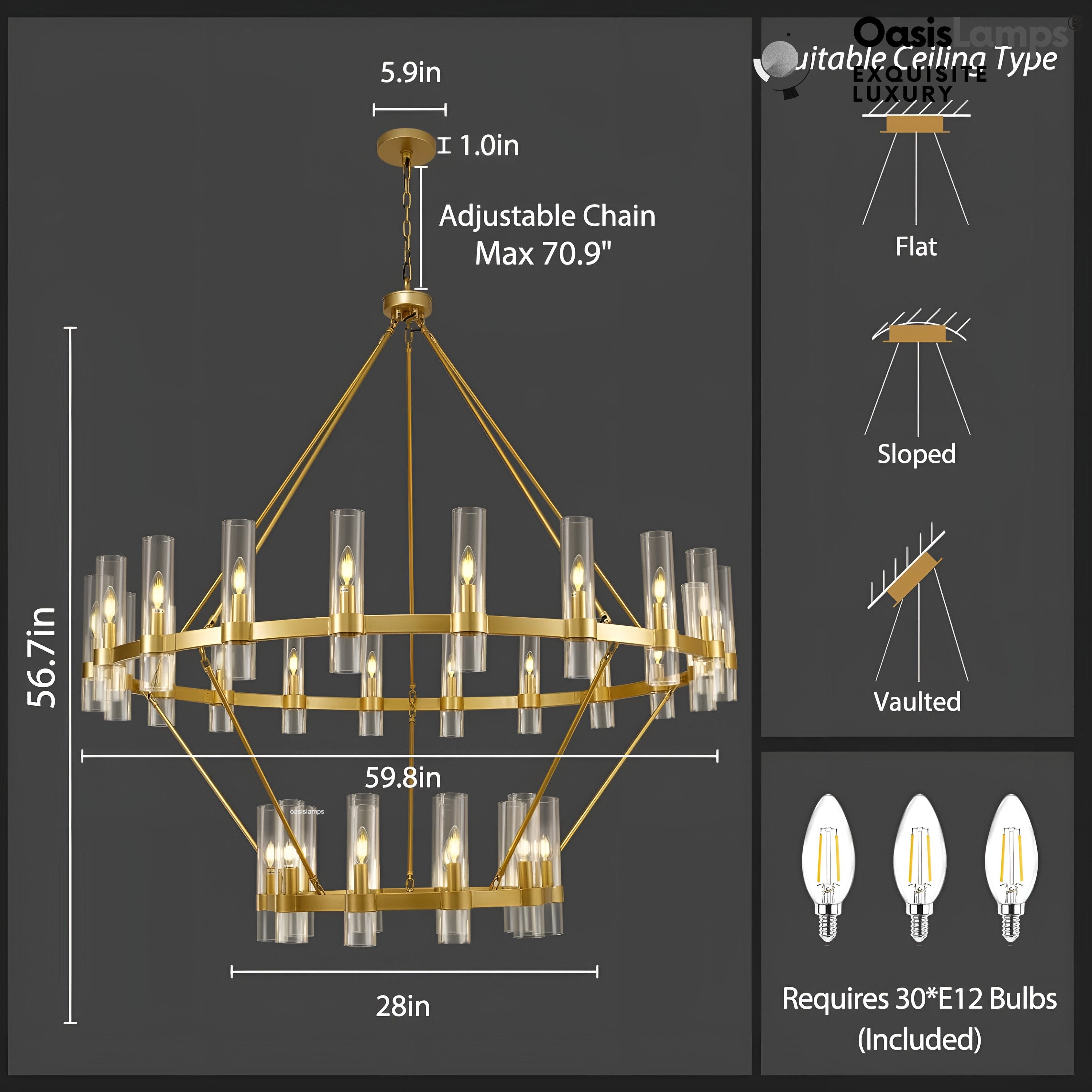 Cylora 2-Tier Glass Tube Round Chandelier 48" 60"D#finish_brass,size_60"