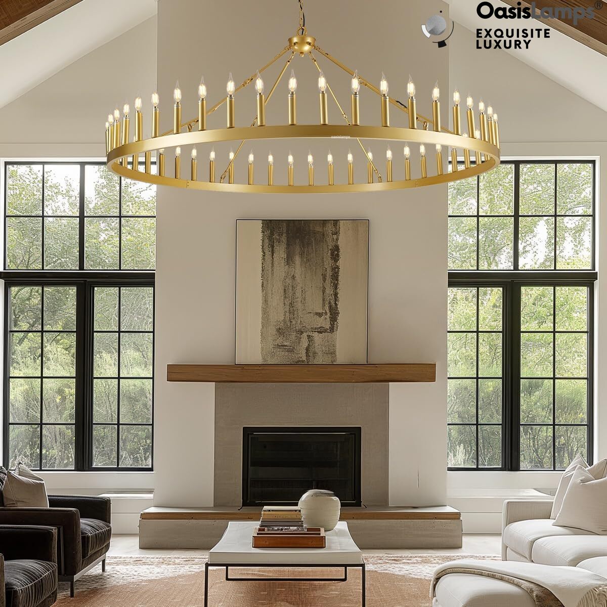 Wagon Wheel Candle Round Chandelier 64"#Color_Brass