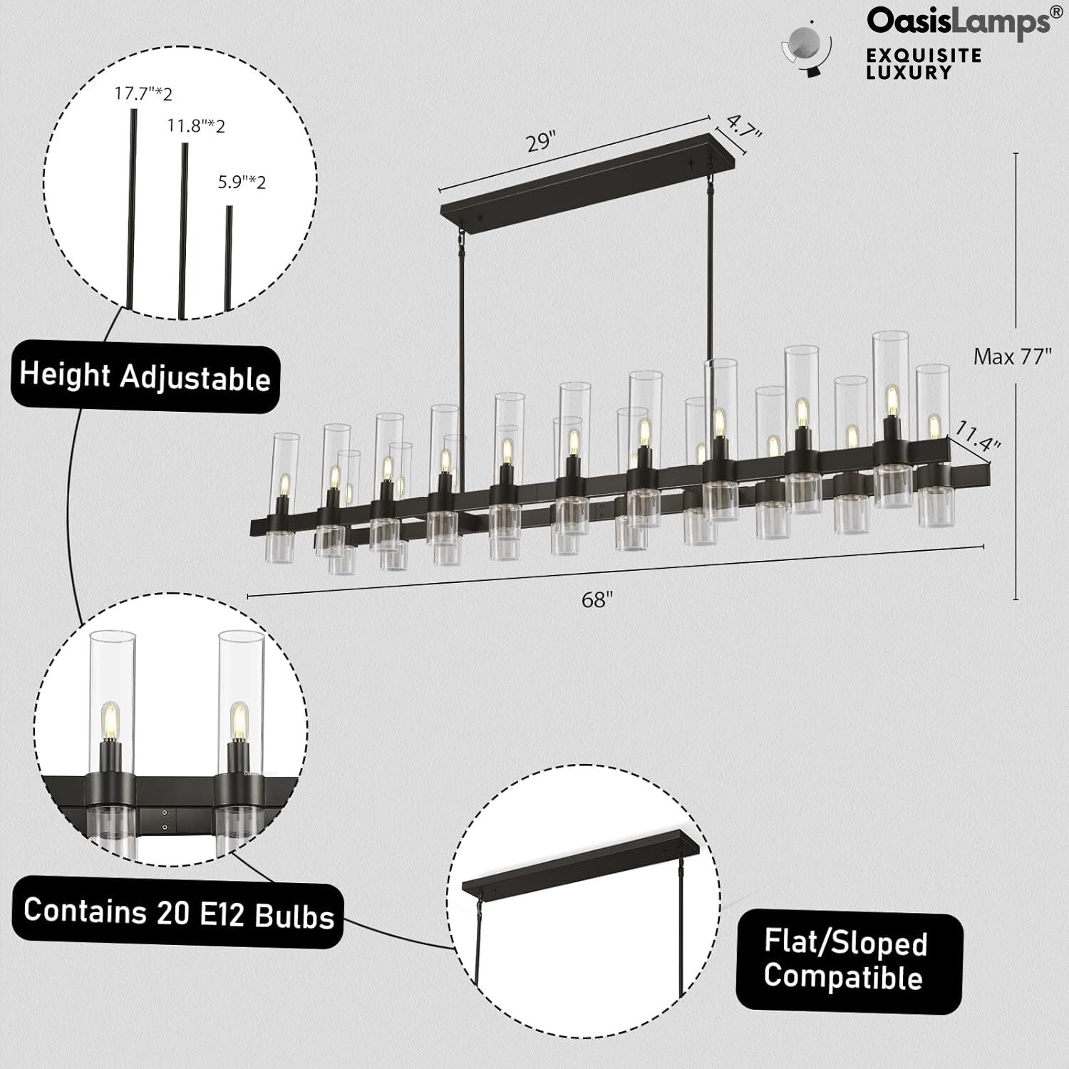 Cylora Glass Tube Rectangular Chandelier 54" 68"L#finish_black,size_68"