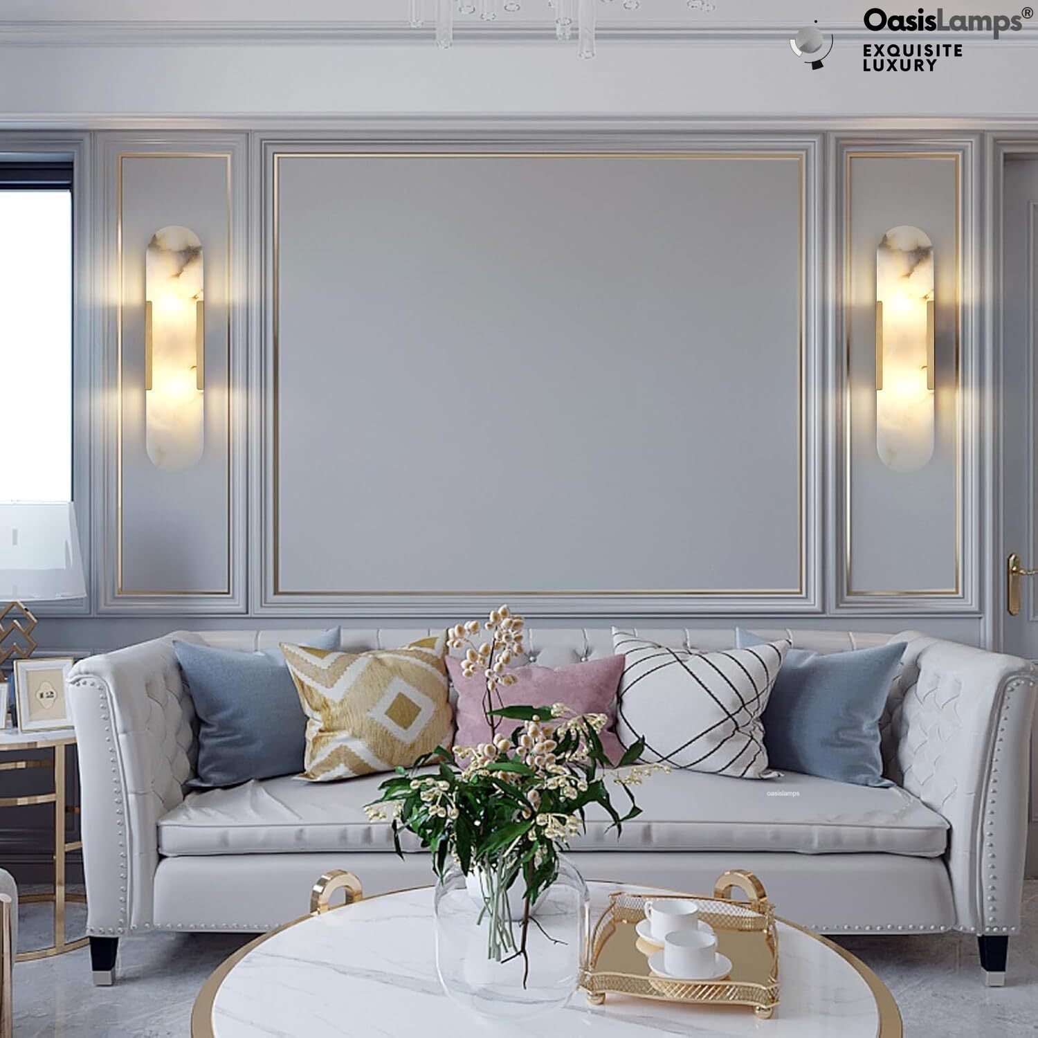 OpalEdge Oval Alabaster Wall Sconces 13.8" 19.7"H#Color_Brass,size_19.7" H-1 Pack