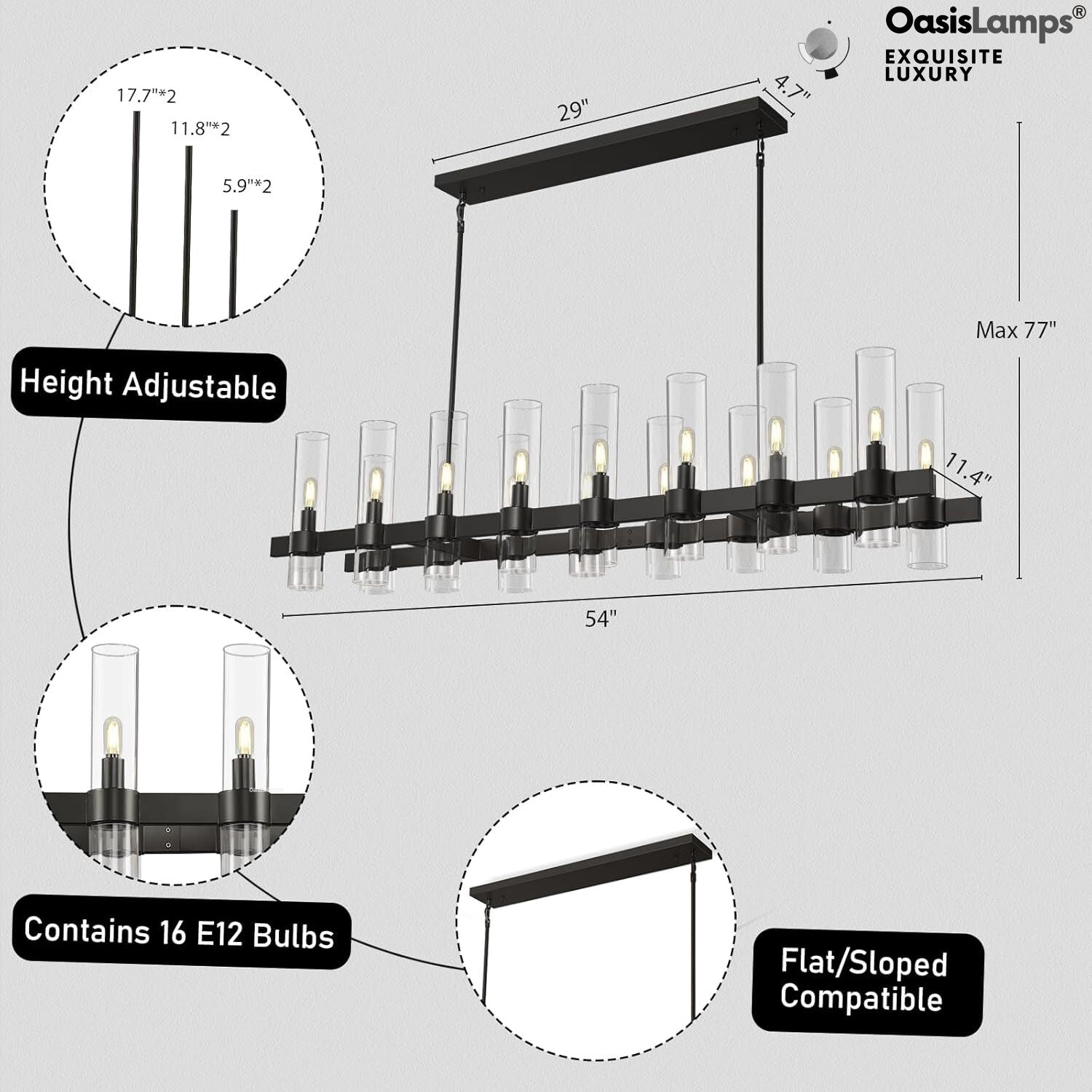 Cylora Glass Tube Rectangular Chandelier 54" 68"L#finish_black,size_54"