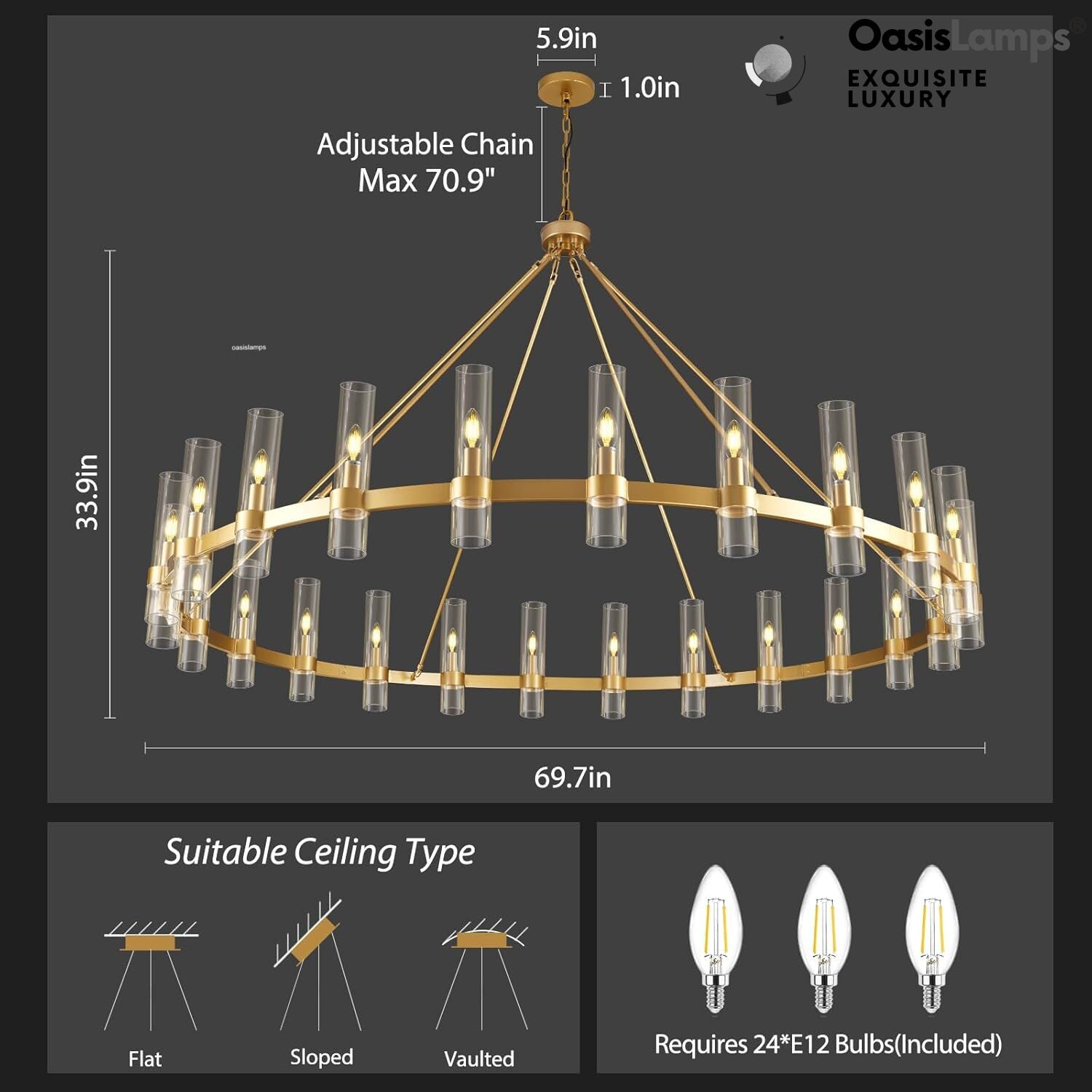 Cylora Glass Tube Round Chain Chandelier 48" 60" 70"D#Color_Brass,Size_70"