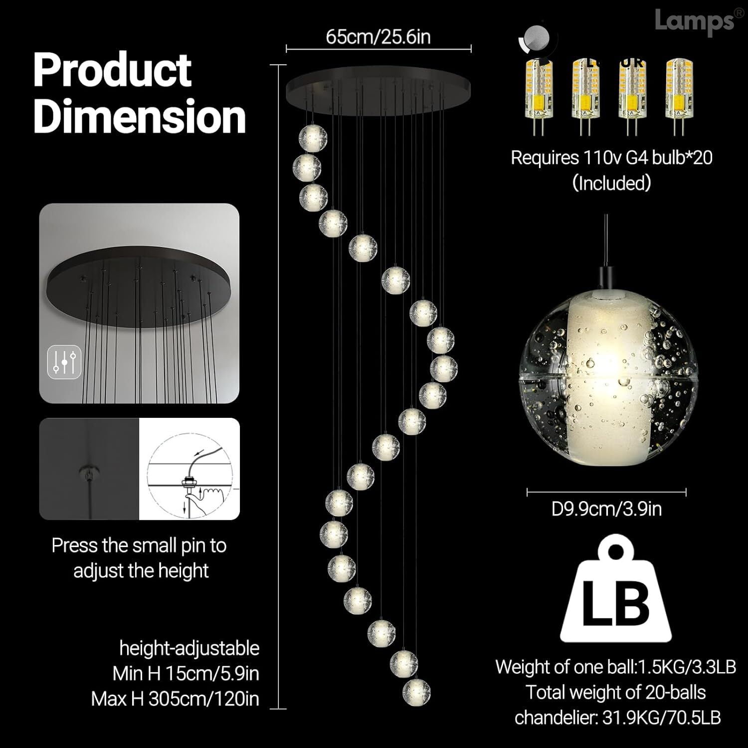 Pearl Ball Ceiling Chandelier 14 20 Light#Color_Black,size_20-light